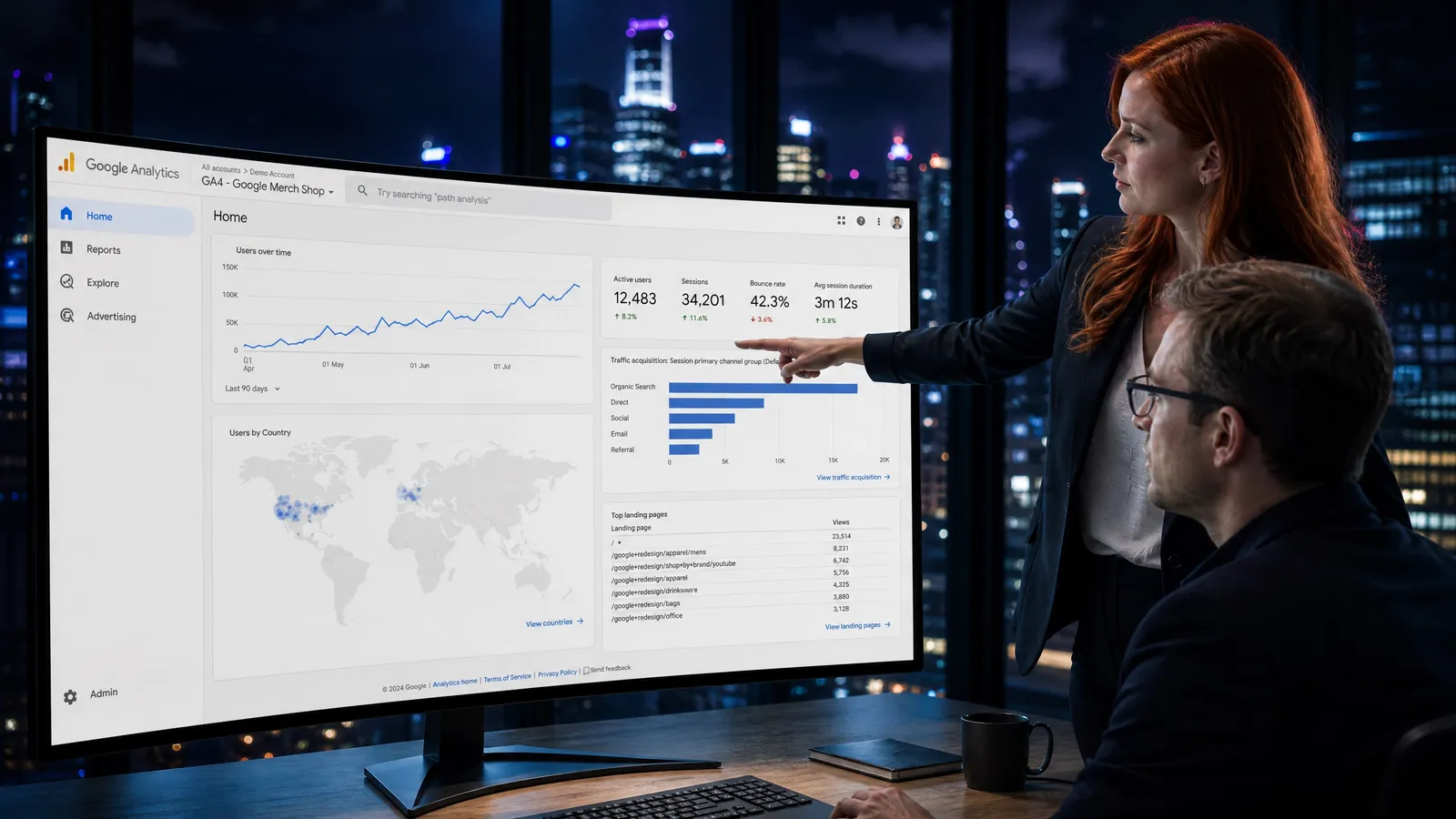 Two professionals reviewing website analytics on a large screen